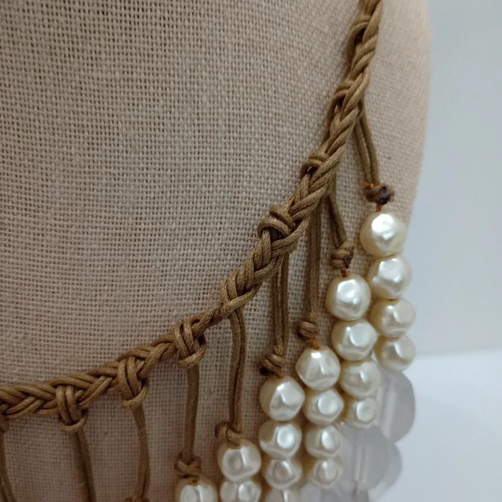 Chico's Statement Necklace Pearl Lucite‎ Shell Bib Boho Resort Adjustable
